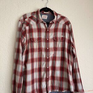Lucky Brand Men's Long Sleeve Pearl Snap Red Striped Western Shirt Large